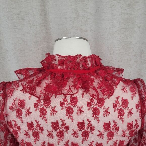 French Cherry Red See Through Lace Coquette Girl Long Sleeves Top Jacket - Picture 6 of 15